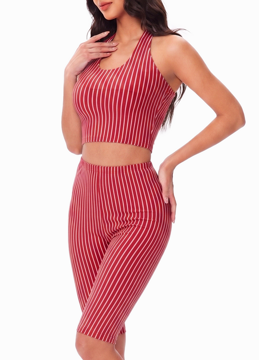 VERTICAL STRIPED HALTER TOP & BIKER SHORTS SET(MMS7027) <Bundle>