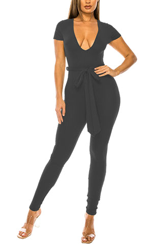 RIB WAIST TIE SHORT SLEEVE JUMPSUIT(DWJ1009N) <Bundle>