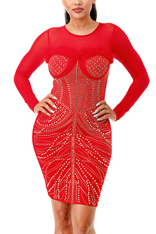 LONG SLEEVE WAIST FEATHER SEXY RHINESTONE DRESS(MMD3008) <Bundle>