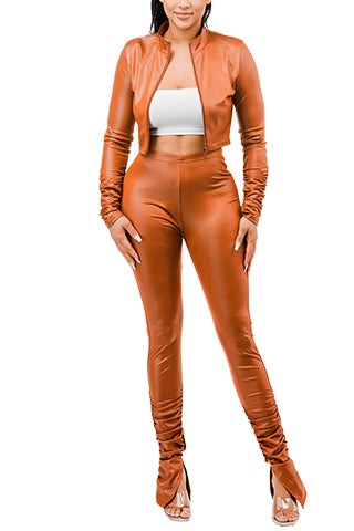 PU LEATHER CROP ZIP UP STACK SET(MMS3001) <Bundle>