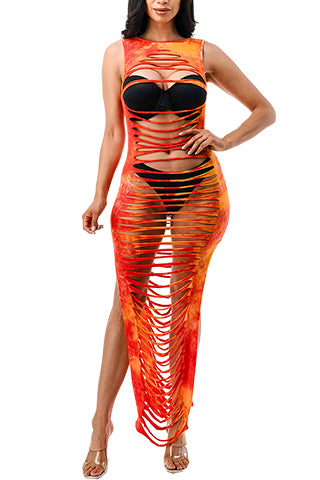 ALL OVER DYE LASER CUT SIDE SLIT MAXI DRESS(D906) <Bundle>
