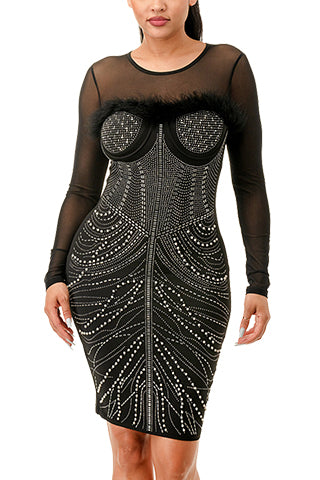 LONG SLEEVE WAIST FEATHER SEXY RHINESTONE DRESS(MMD3008) <Bundle>