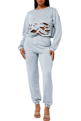 CUTTING DAMAGED LONGSLEEVE JOGGER SET(ST1372) <Bundle>