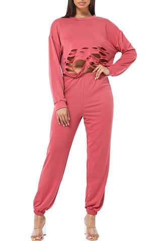 CUTTING DAMAGED LONGSLEEVE JOGGER SET(ST1372) <Bundle>