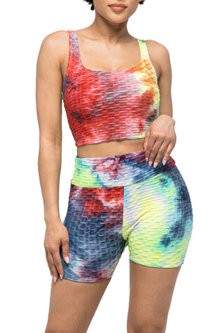TIE DYE WAFFLE CROP BRA TOP & BIKER SET(ST250SET) <Bundle>