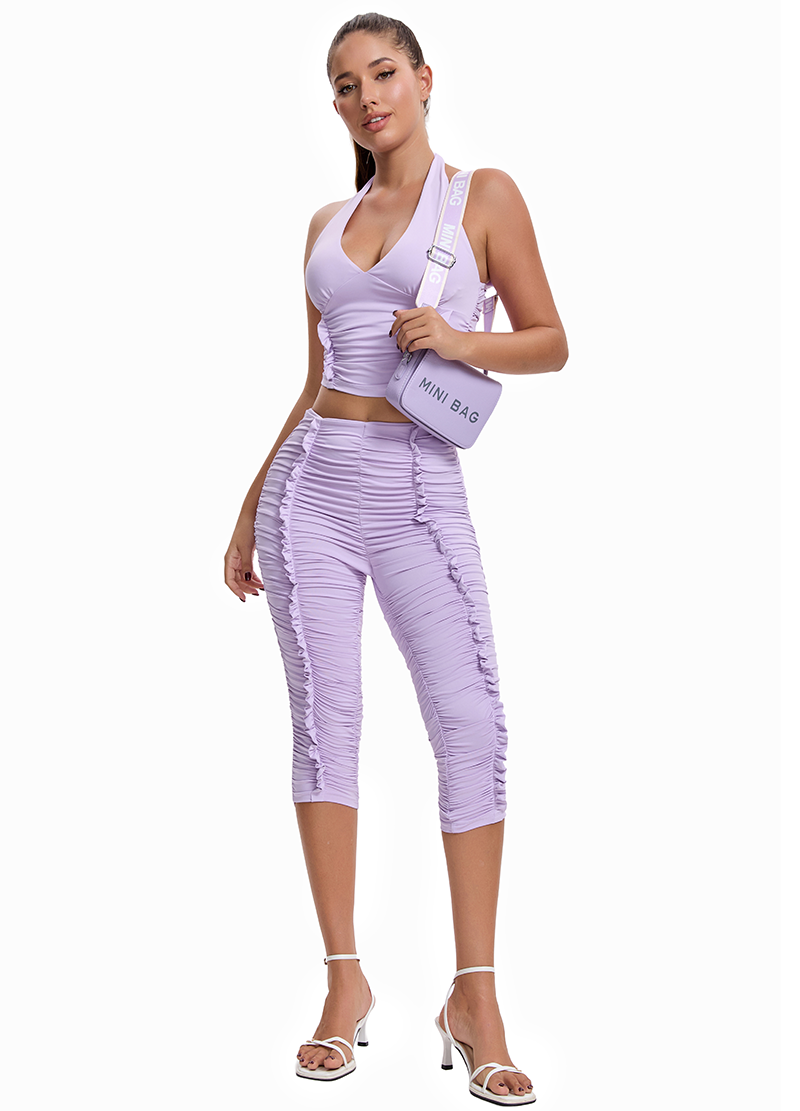 CRINKLED TEXTURE HALTER TIE TOP & KNEE-LENGTH SHORTS SET(MMS7034) <Bundle>