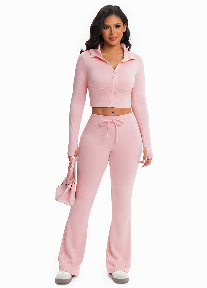 HOODED CROPPED JACKET & DRAWSTRING FLARED-LEG PANTS SET(MMS1023) <Bundle>