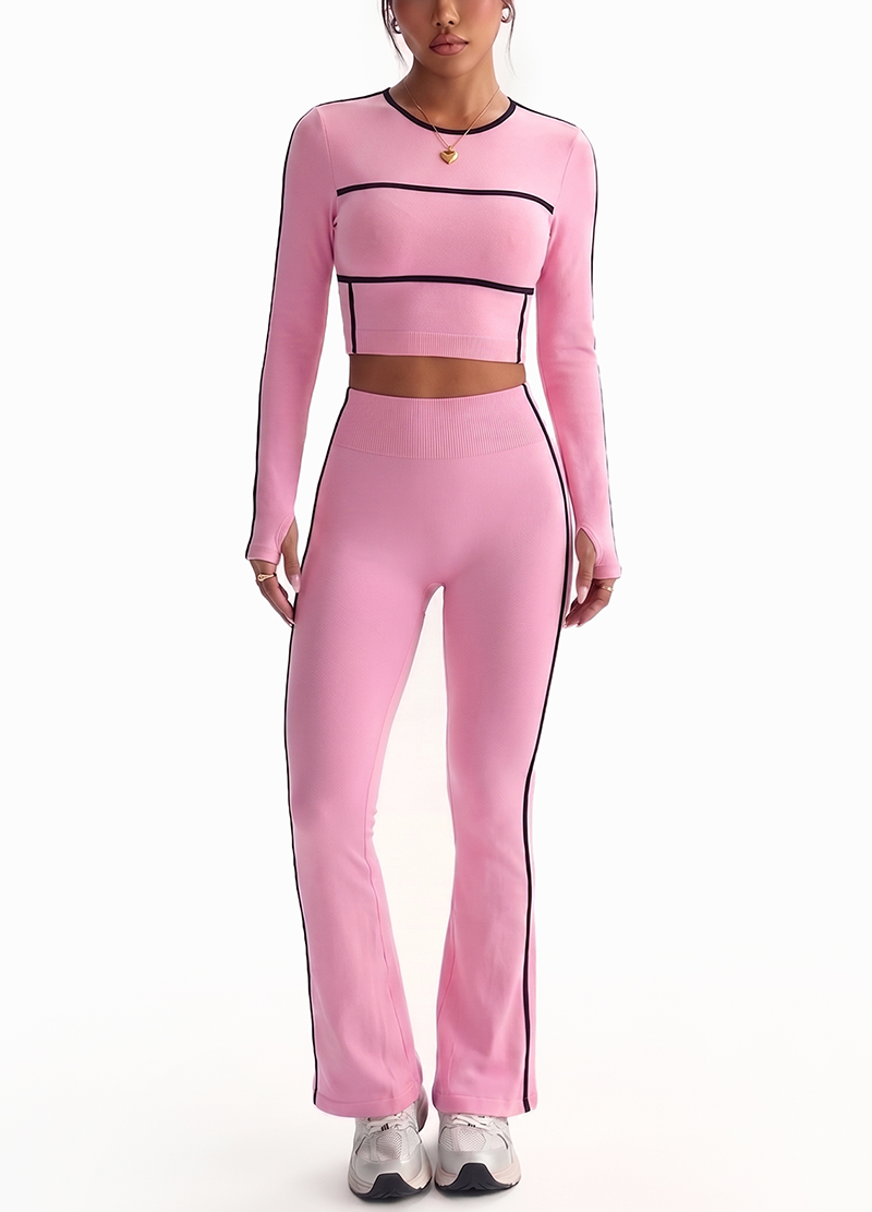 CONTRAST PIPING RIBBED LONG SLEEVE FLARED PANTS SET(MMS3024) <Bundle>
