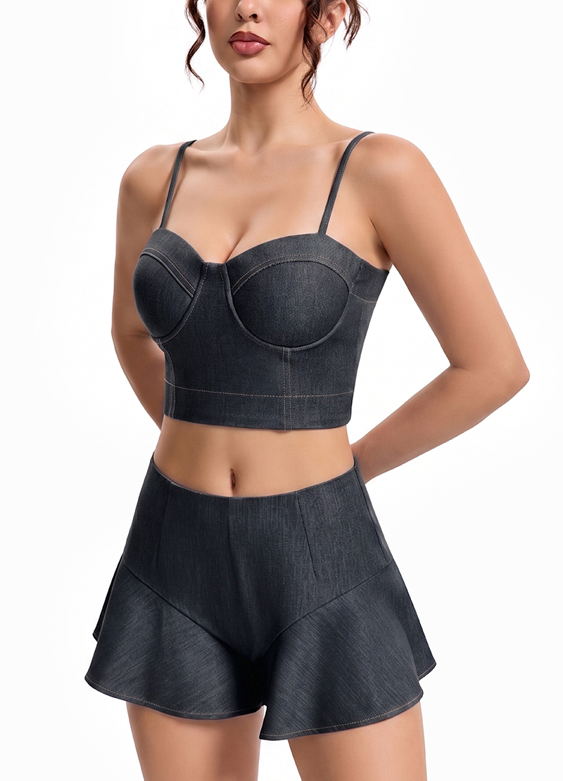 CAMI TOP WITH RUFFLED SHORTS DENIM-STYLE SET(MMS7040) <Bundle>