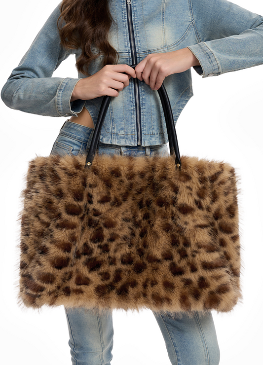 FUZZY FAUX FUR LEOPARD PRINT LARGE TOTE BAG(MMA1101) <Bundle>