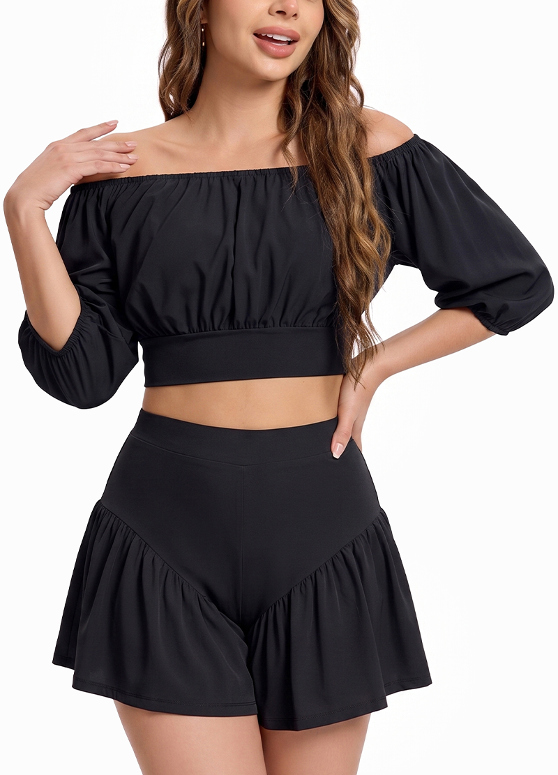 OFF-SHOULDER PUFF SLEEVE CROP TOP & PLEATED SKORT SET(MMS7042) <Bundle>