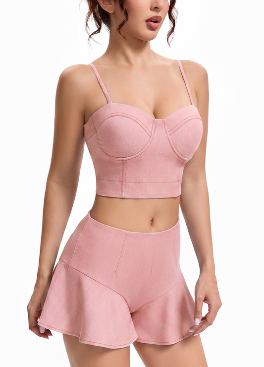 CAMI TOP WITH RUFFLED SHORTS DENIM-STYLE SET(MMS7040) <Bundle>