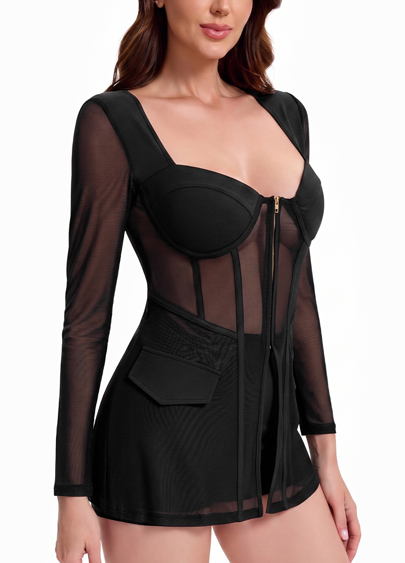 MESH-PANELED CORSET LONG-SLEEVE TOP & SHORTS SET(MMS1025) <Bundle>