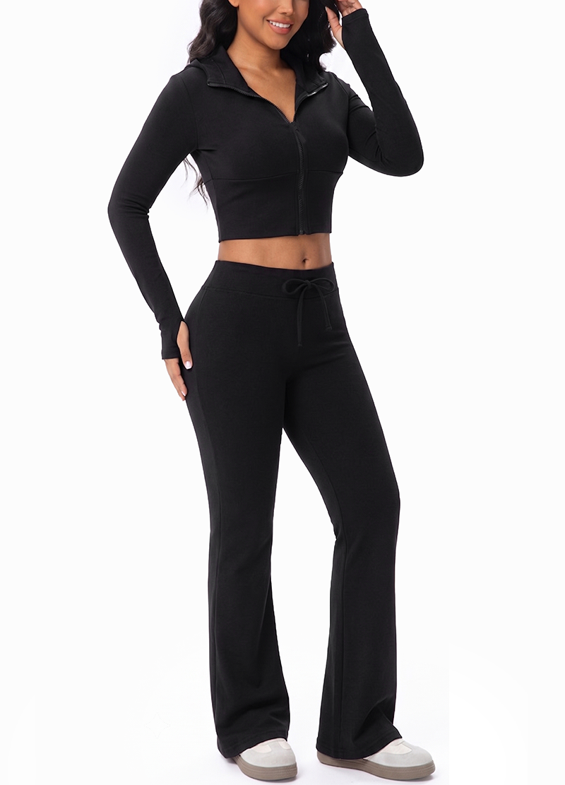 HOODED CROPPED JACKET & DRAWSTRING FLARED-LEG PANTS SET(MMS1023) <Bundle>