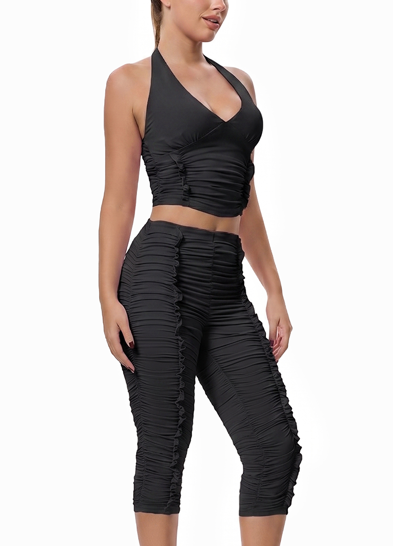 CRINKLED TEXTURE HALTER TIE TOP & KNEE-LENGTH SHORTS SET(MMS7034) <Bundle>