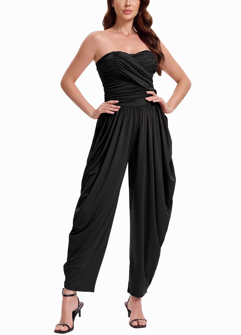 STRAPLESS CROSS RUCHED DROP-CROTCH WIDE-LEG JUMPSUIT(MMJ1059) <Bundle>