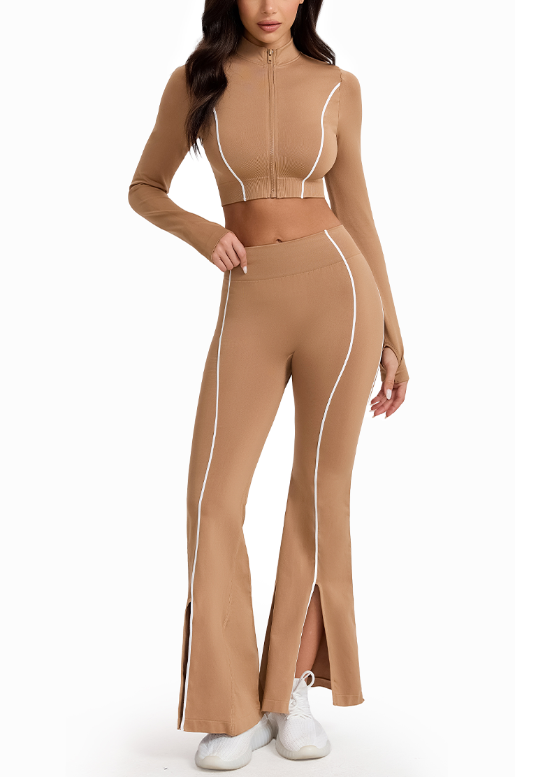 STAND COLLAR ZIP CROP JACKET & SIDE-SLIT FLARE PANTS SET(MMS1026) <Bundle>