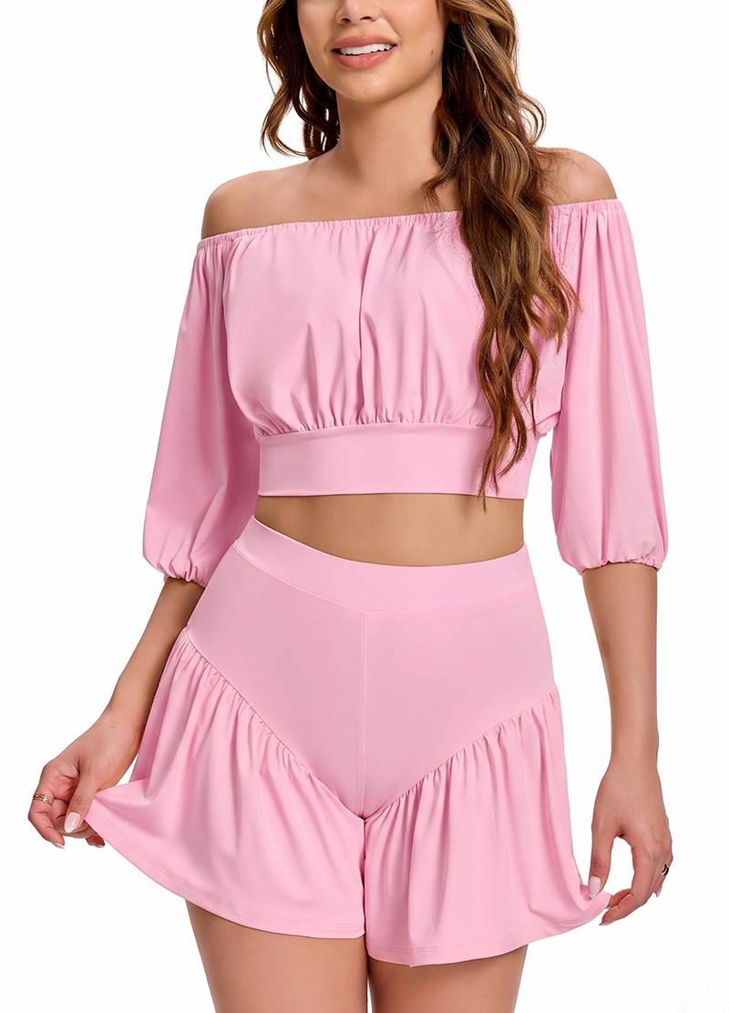 OFF-SHOULDER PUFF SLEEVE CROP TOP & PLEATED SKORT SET(MMS7042) <Bundle>
