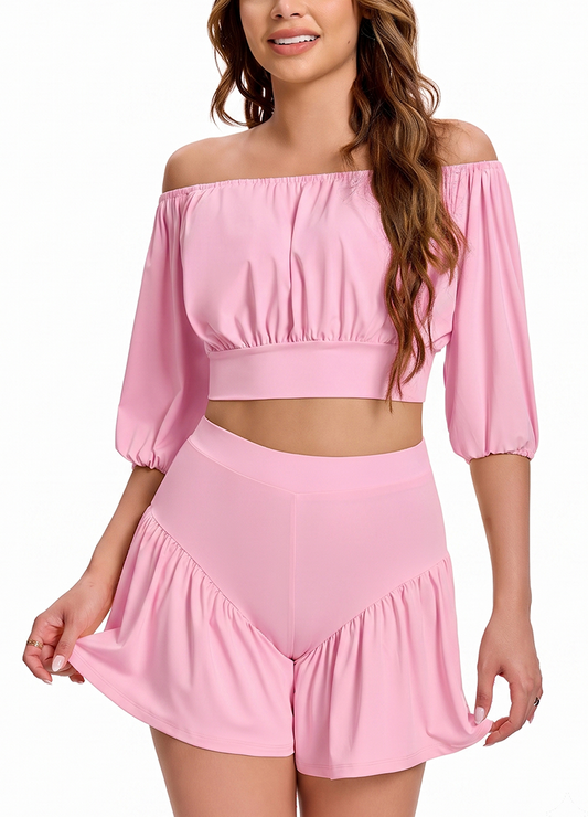 OFF-SHOULDER PUFF SLEEVE CROP TOP & PLEATED SKORT SET(MMS7042) <Bundle>