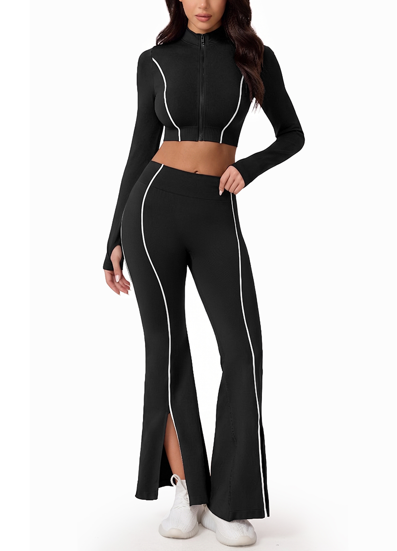 STAND COLLAR ZIP CROP JACKET & SIDE-SLIT FLARE PANTS SET(MMS1026) <Bundle>