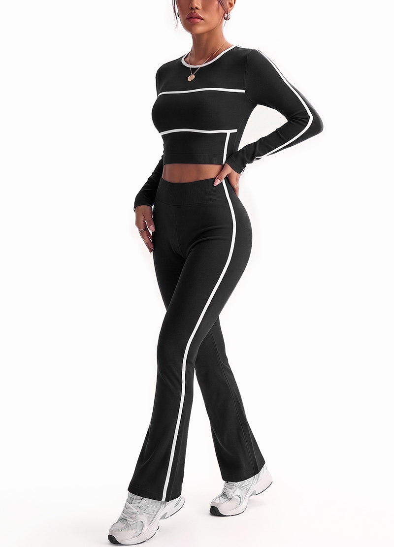 CONTRAST PIPING RIBBED LONG SLEEVE FLARED PANTS SET(MMS3024) <Bundle>
