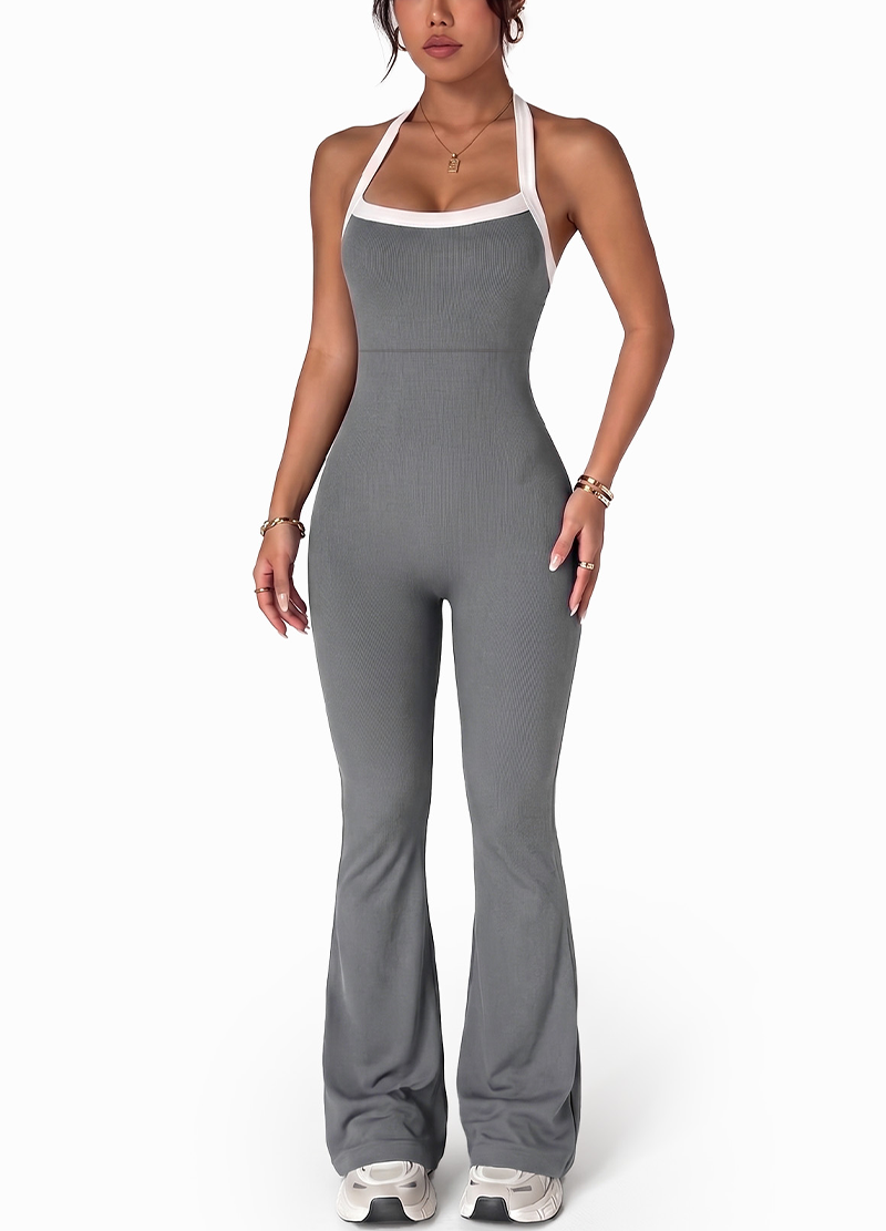 HALTER NECK COLOR-BLOCK HEM SLIM-FIT FLARED JUMPSUIT(MMJ1060) <Bundle>