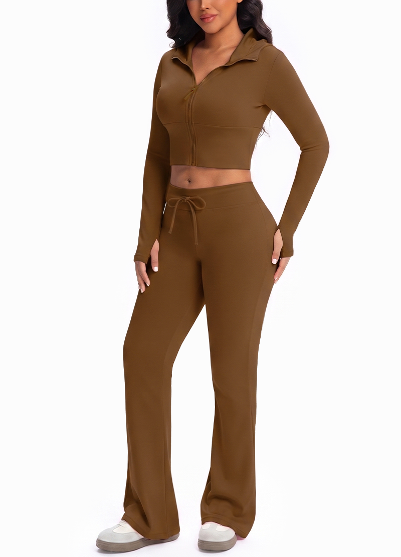 HOODED CROPPED JACKET & DRAWSTRING FLARED-LEG PANTS SET(MMS1023) <Bundle>