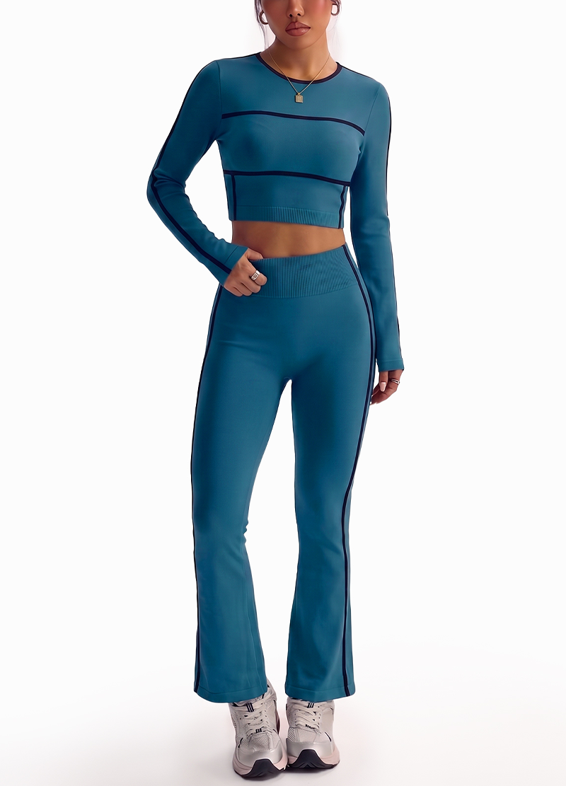 CONTRAST PIPING RIBBED LONG SLEEVE FLARED PANTS SET(MMS3024) <Bundle>