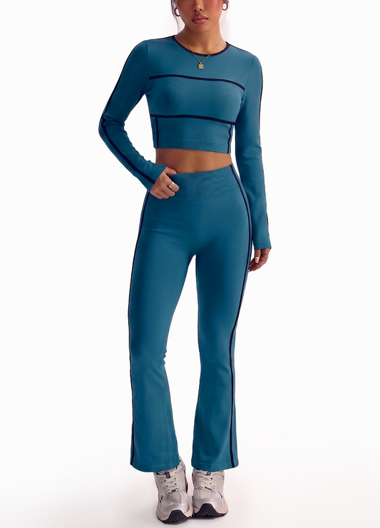 CONTRAST PIPING RIBBED LONG SLEEVE FLARED PANTS SET(MMS3024) <Bundle>