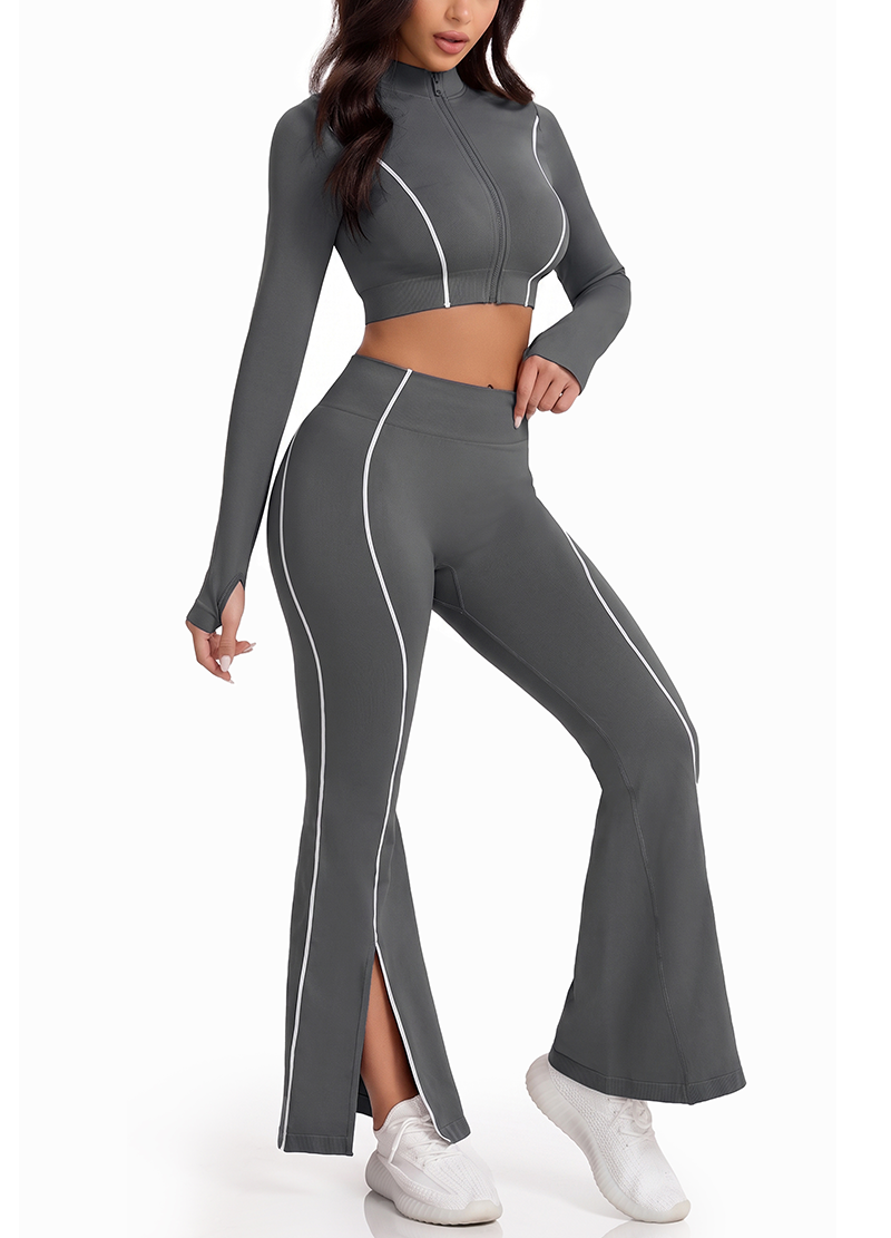 STAND COLLAR ZIP CROP JACKET & SIDE-SLIT FLARE PANTS SET(MMS1026) <Bundle>