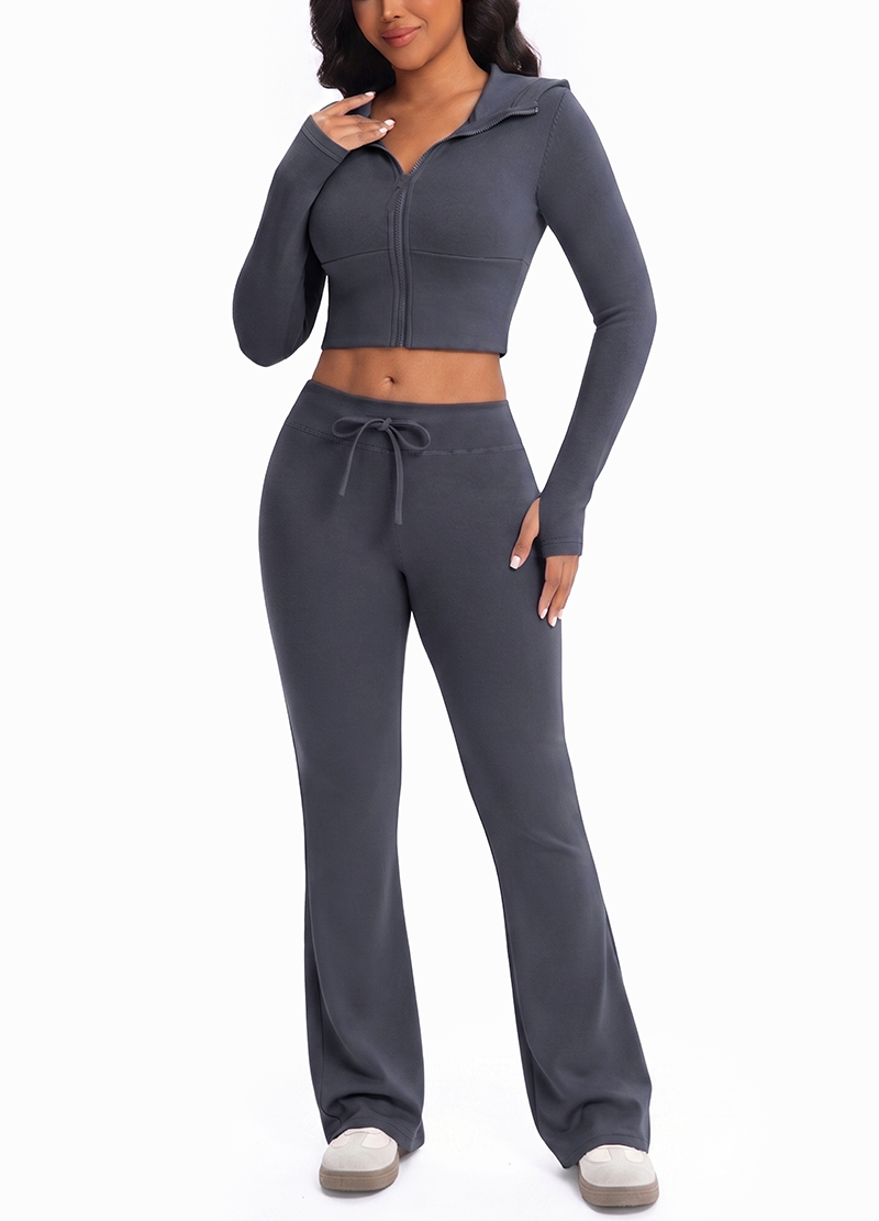 HOODED CROPPED JACKET & DRAWSTRING FLARED-LEG PANTS SET(MMS1023) <Bundle>