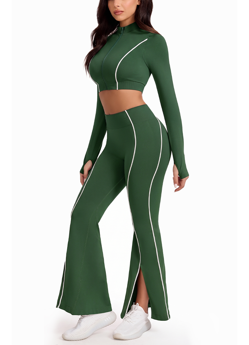 STAND COLLAR ZIP CROP JACKET & SIDE-SLIT FLARE PANTS SET(MMS1026) <Bundle>