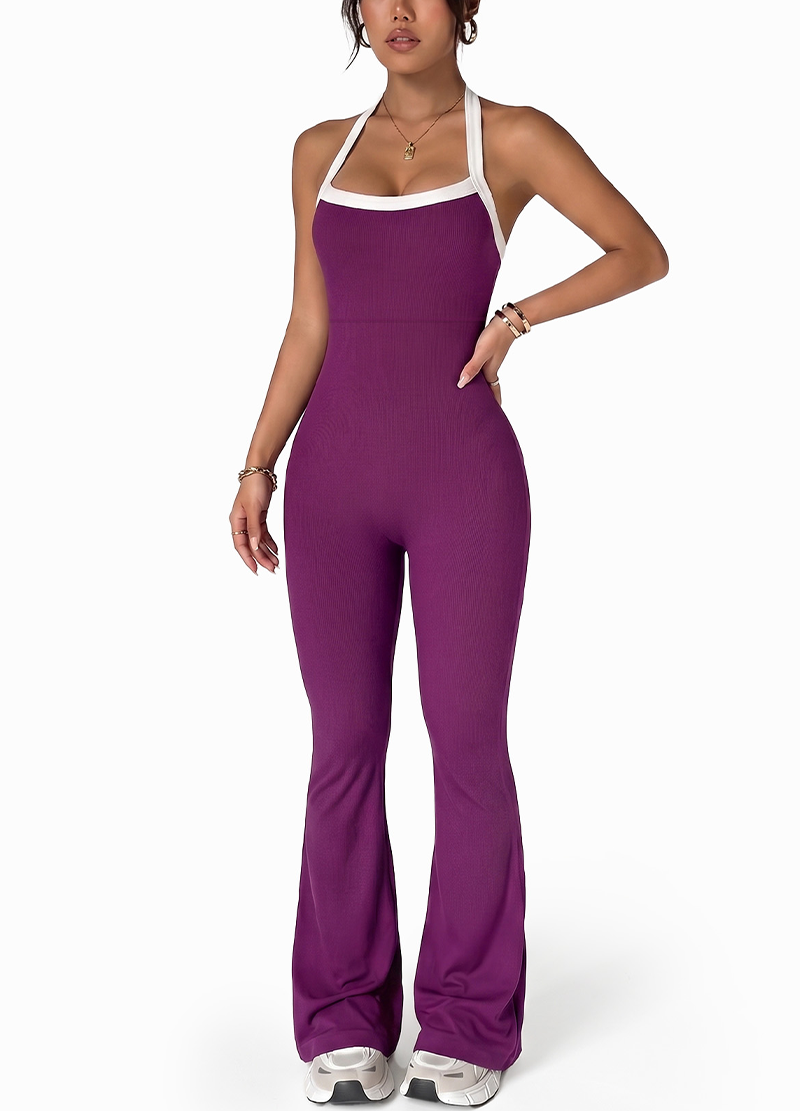 HALTER NECK COLOR-BLOCK HEM SLIM-FIT FLARED JUMPSUIT(MMJ1060) <Bundle>