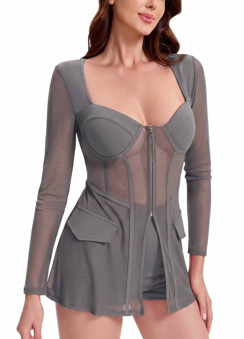 MESH-PANELED CORSET LONG-SLEEVE TOP & SHORTS SET(MMS1025) <Bundle>