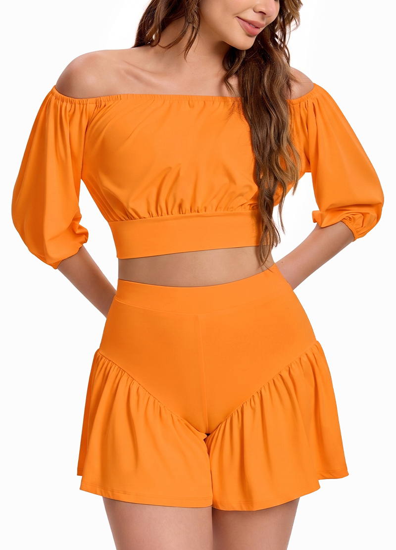 OFF-SHOULDER PUFF SLEEVE CROP TOP & PLEATED SKORT SET(MMS7042) <Bundle>