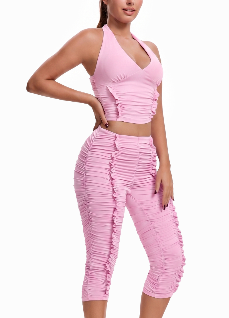 CRINKLED TEXTURE HALTER TIE TOP & KNEE-LENGTH SHORTS SET(MMS7034) <Bundle>