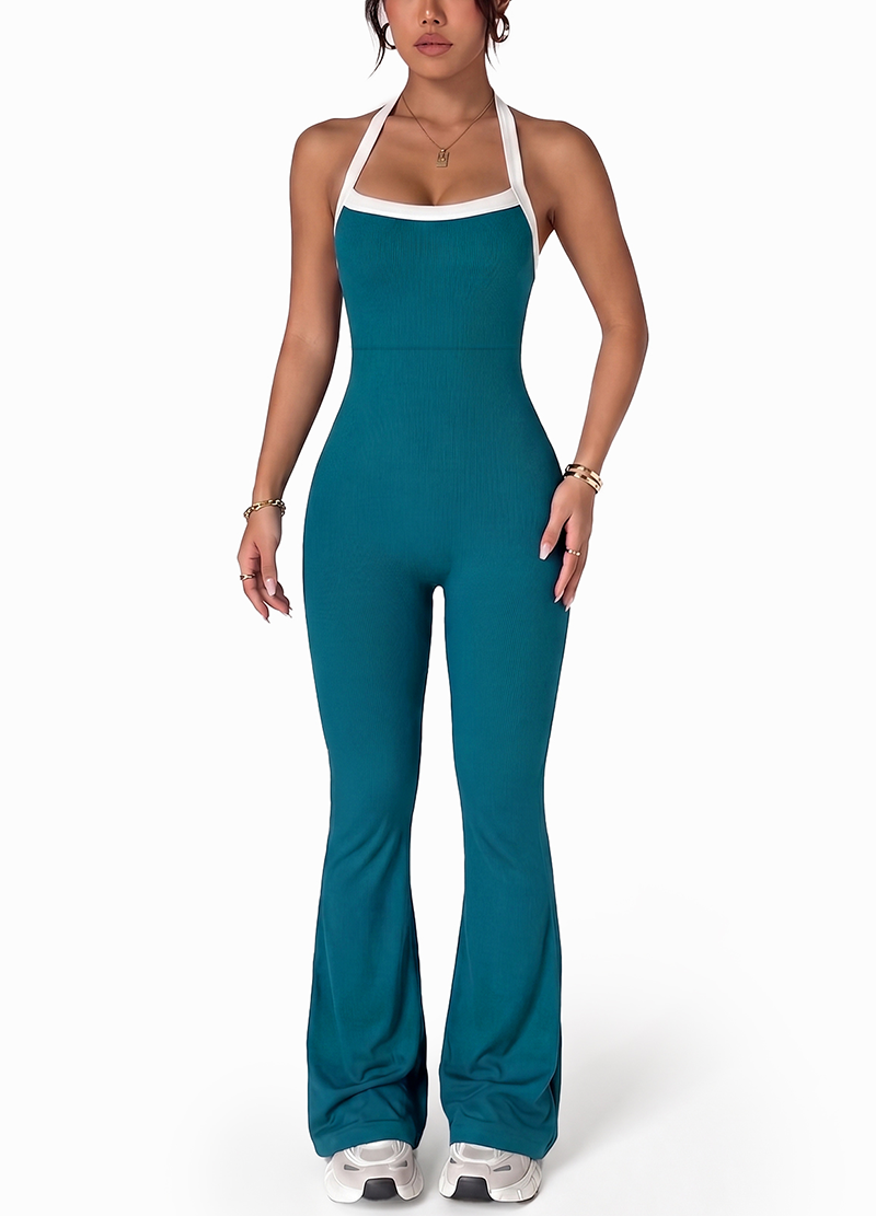 HALTER NECK COLOR-BLOCK HEM SLIM-FIT FLARED JUMPSUIT(MMJ1060) <Bundle>