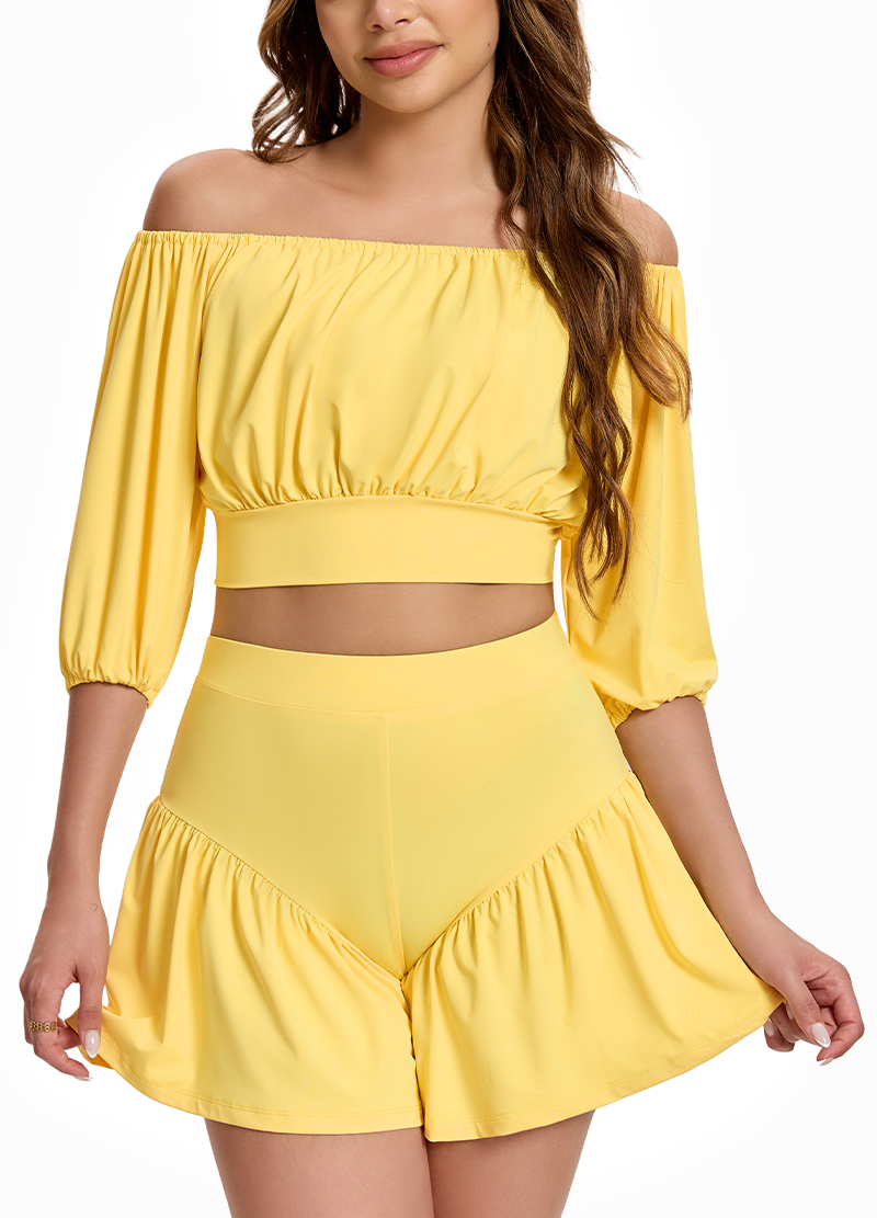 OFF-SHOULDER PUFF SLEEVE CROP TOP & PLEATED SKORT SET(MMS7042) <Bundle>