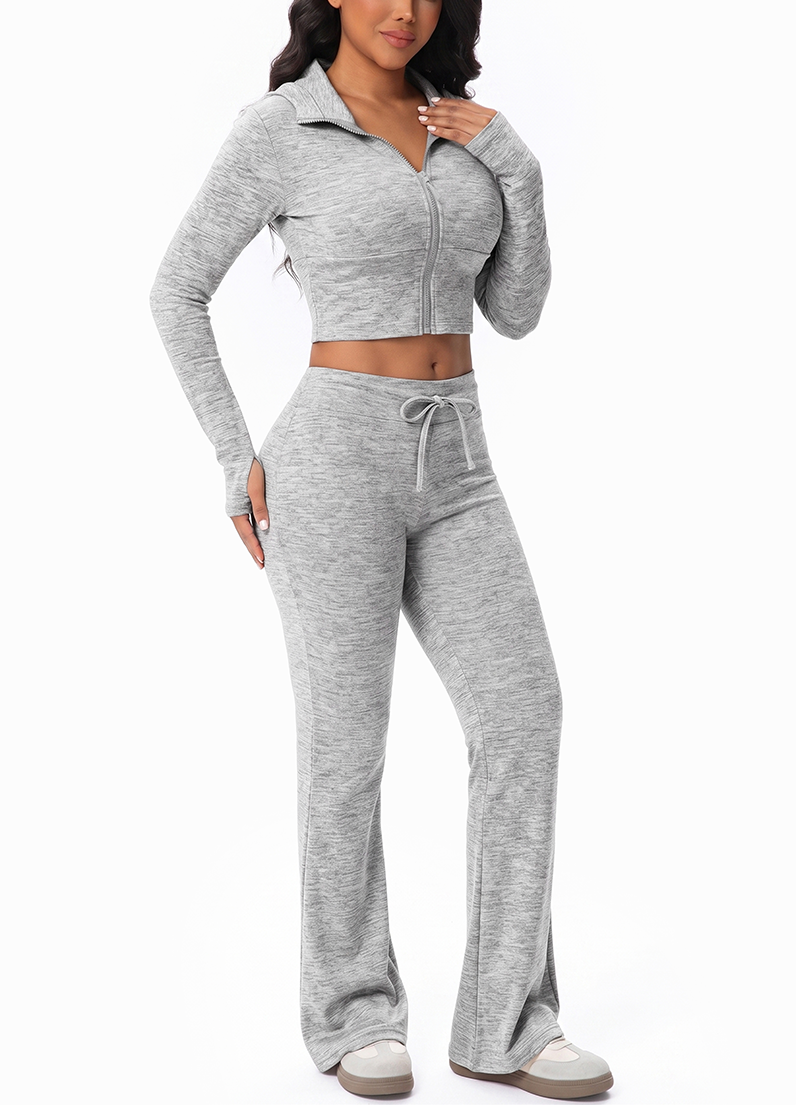 HOODED CROPPED JACKET & DRAWSTRING FLARED-LEG PANTS SET(MMS1023) <Bundle>