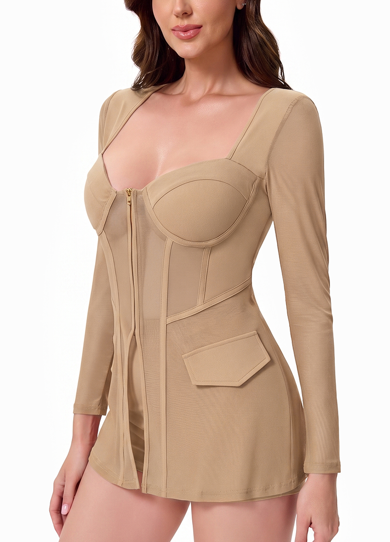 MESH-PANELED CORSET LONG-SLEEVE TOP & SHORTS SET(MMS1025) <Bundle>