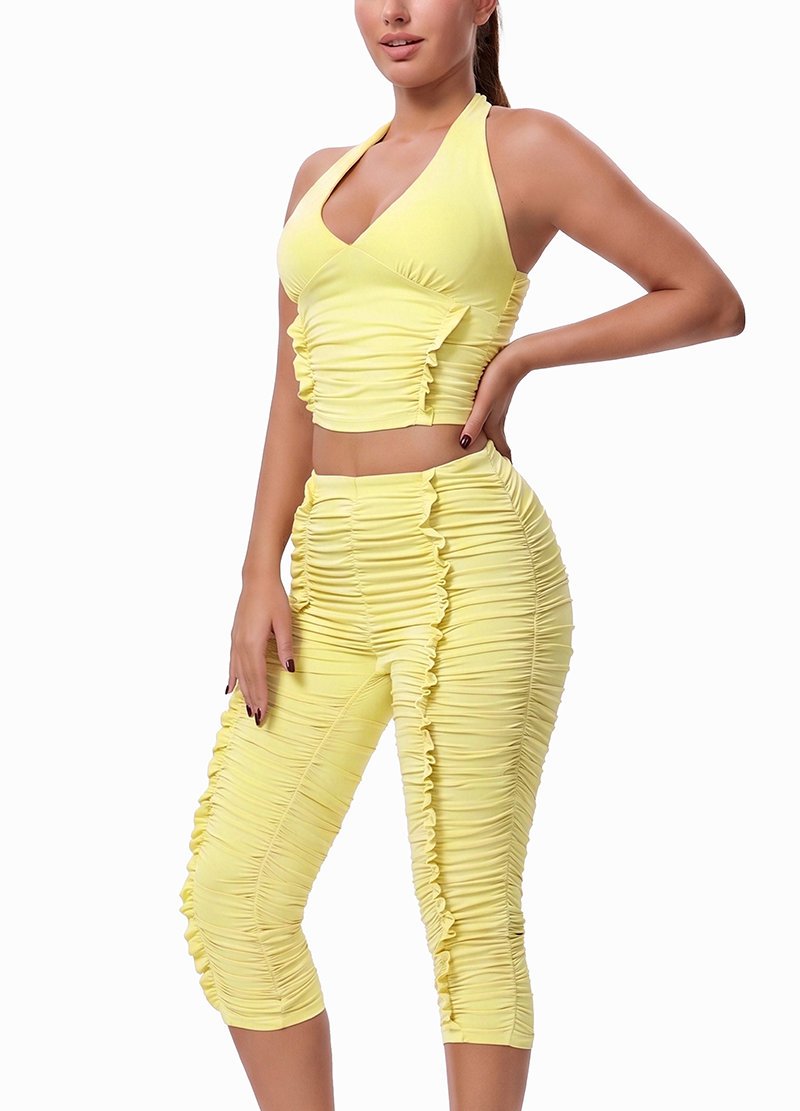 CRINKLED TEXTURE HALTER TIE TOP & KNEE-LENGTH SHORTS SET(MMS7034) <Bundle>