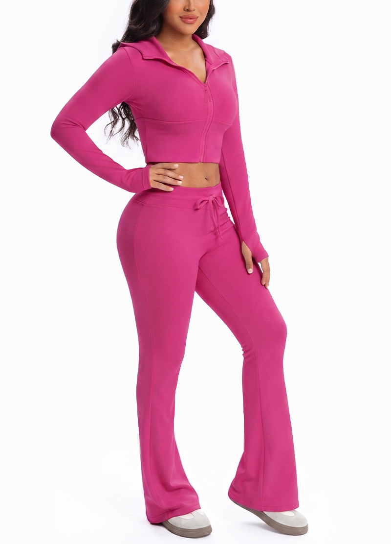 HOODED CROPPED JACKET & DRAWSTRING FLARED-LEG PANTS SET(MMS1023) <Bundle>