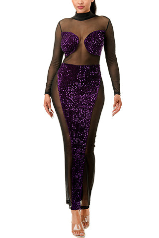 SPANGLE SEE THROUGH SEXY LONG DRESS(MMD1007) <Bundle>