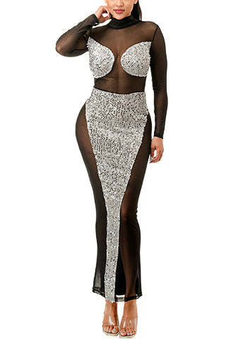 SPANGLE SEE THROUGH SEXY LONG DRESS(MMD1007) <Bundle>