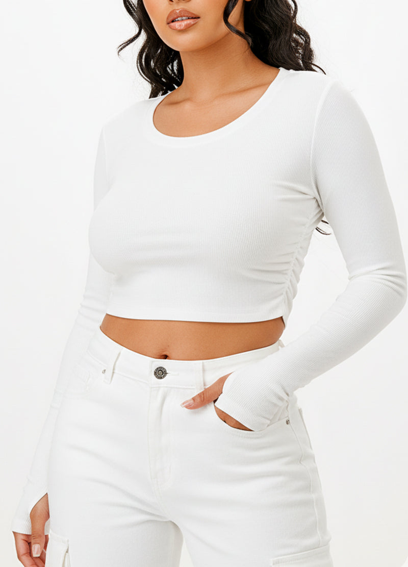 SIDE SHIRRING LONG SLEEVE RIB CROP TOP(MMT3004) <Bundle>