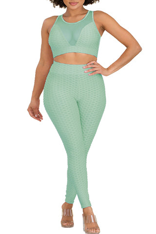 WAFFLE & MESH COMBINE CROP TOP & PANTS SET(DWS8301P) <Bundle>