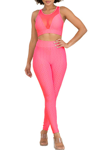 WAFFLE & MESH COMBINE CROP TOP & PANTS SET(DWS8301R) <Bundle>